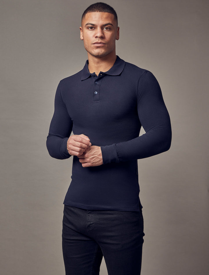 Navy polo shirt with a muscle fit, showcasing the tapered design and superior quality by Tapered Menswear.