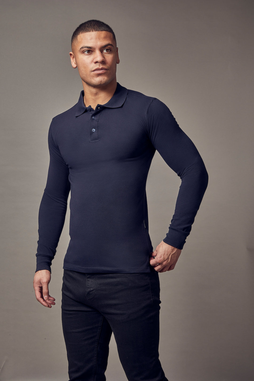 navy tapered fit polo shirt, emphasizing the muscle fit features for a flattering and well-defined look by Tapered Menswear