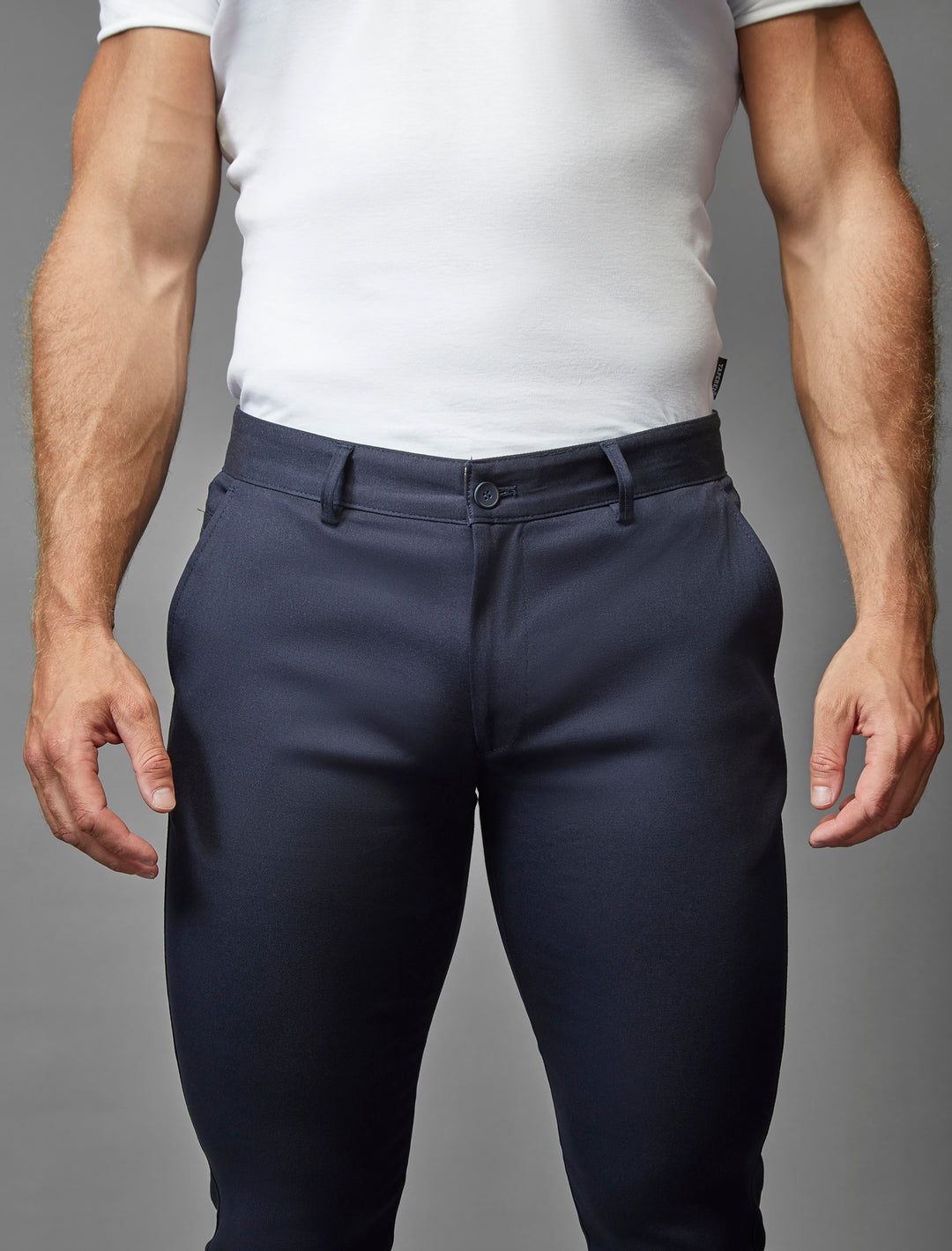 Athletic fit navy chinos with stretch, a premium offering from Tapered Menswear