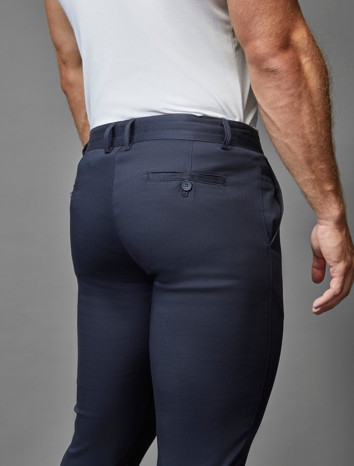 Showcasing Tapered Menswear's commitment to comfort: navy athletic fit chinos with stretch.