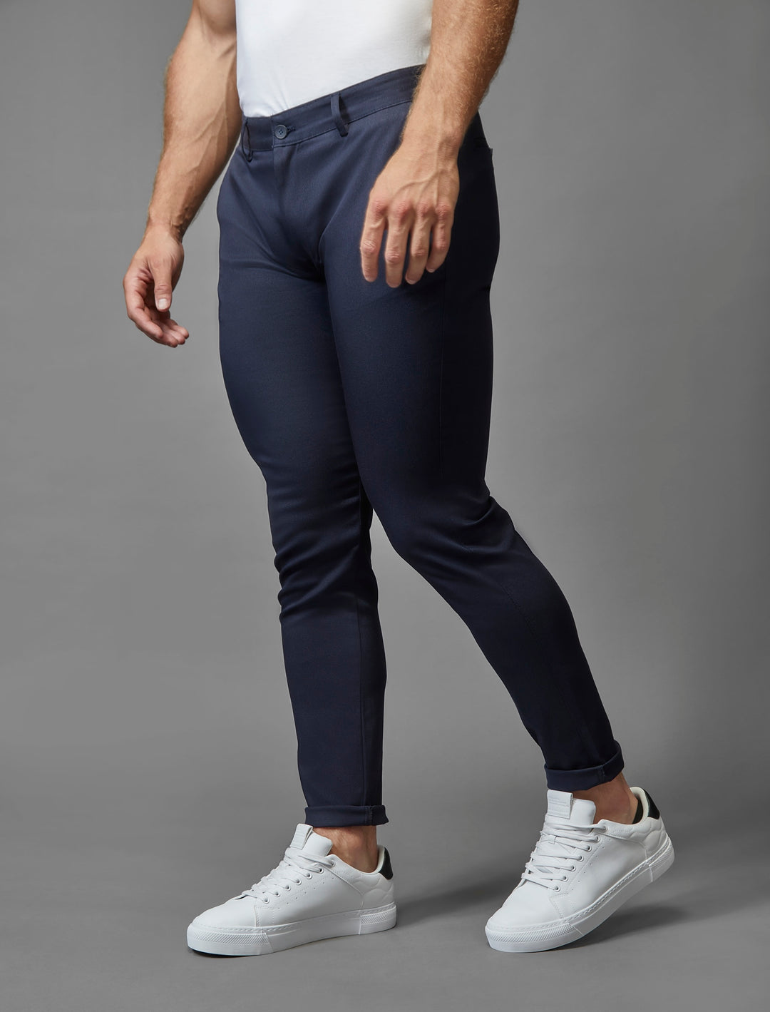 Stretch navy chinos in an athletic fit, a signature piece from Tapered Menswear.