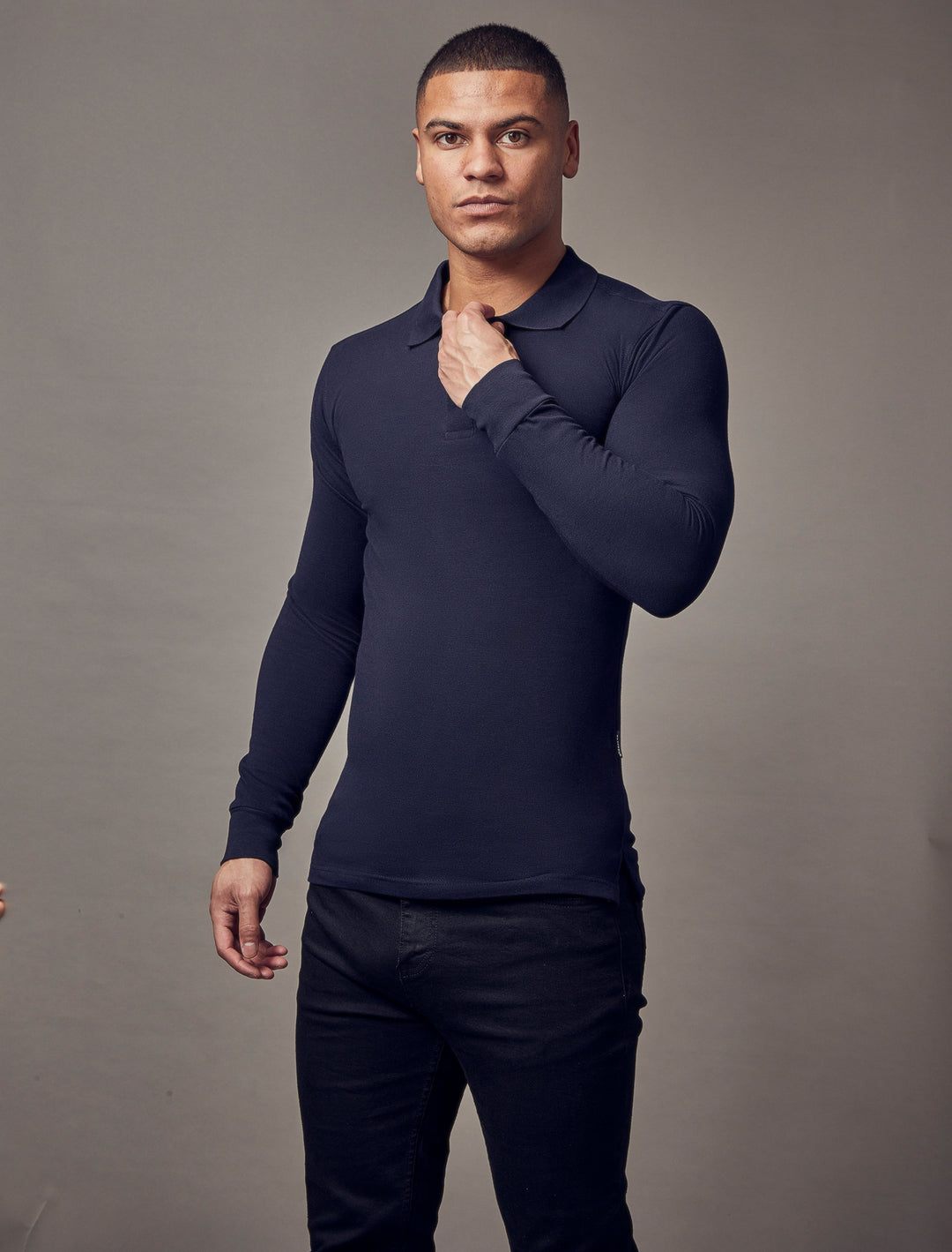 navy muscle fit polo shirt, highlighting the tapered fit and premium quality offered by Tapered Menswear