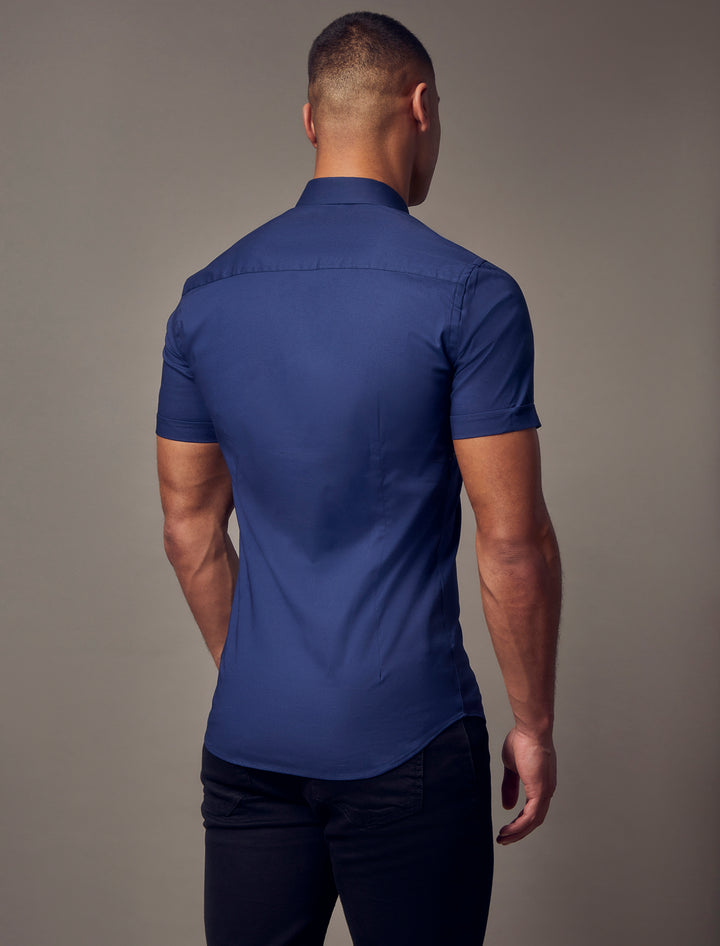 navy short sleeve tapered fit shirt, showcasing the muscle fit design for an attractive and form-fitting silhouette by Tapered Menswear