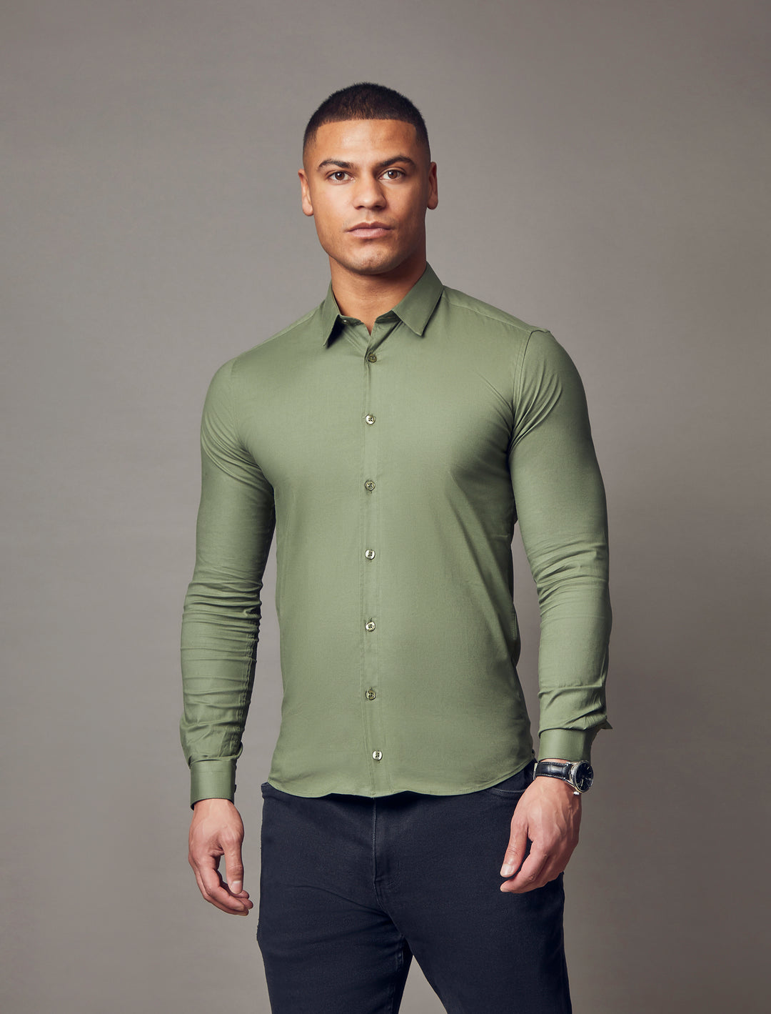 olive tapered fit shirt, showcasing the muscle fit design for an attractive and form-fitting appearance by Tapered Menswear