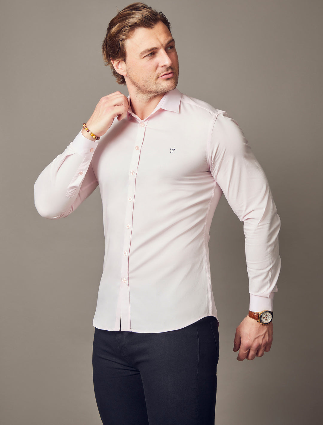 pink tapered fit shirt, emphasizing the muscle fit features for a flattering and well-defined look by Tapered Menswear"