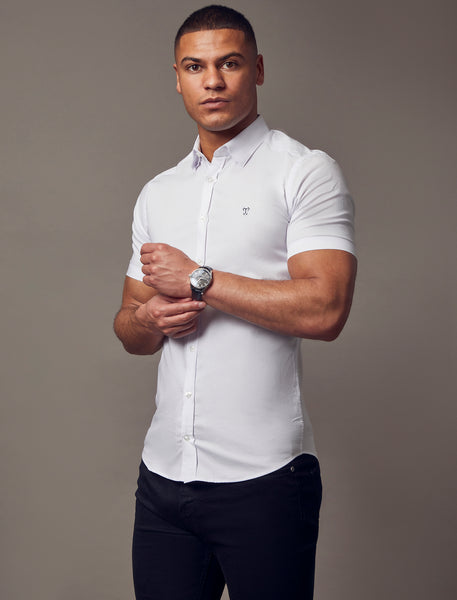 short sleeve white dress shirt slim fit Joseph & Feiss Slim Fit Short Sleeve 4-Way Stretch Dress Shirt in White Solid Boys Size 16 Button-Front Dress Shirt
