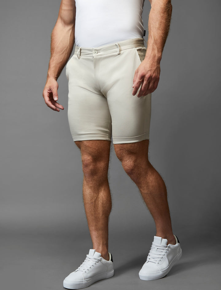 Stretchy beige chino shorts in an athletic fit from Tapered Menswear.