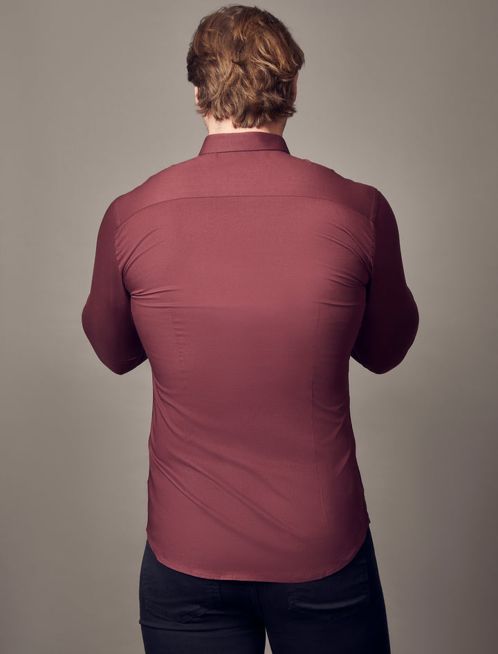 burgundy muscle fit shirt, highlighting the tapered fit and premium quality offered by Tapered Menswear