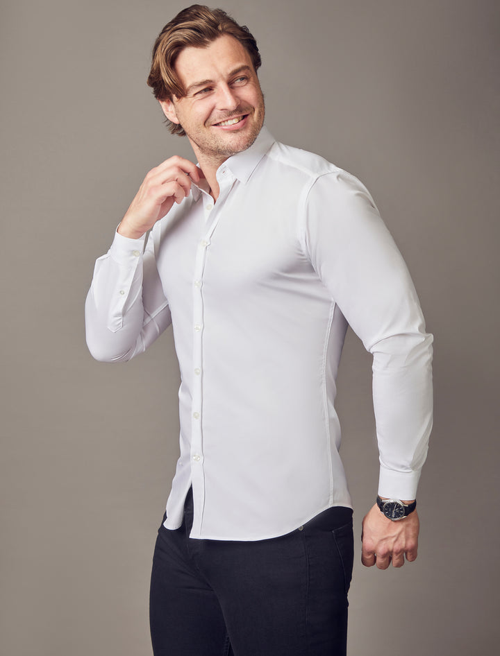 white tapered fit shirt by Tapered Menswear, showcasing the muscle fit design for a comfortable and stylish silhouette