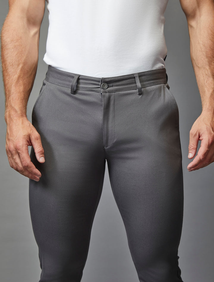 Grey chinos by Tapered Menswear, embodying the athletic fit ethos and enriched with stretch for flexibility."
