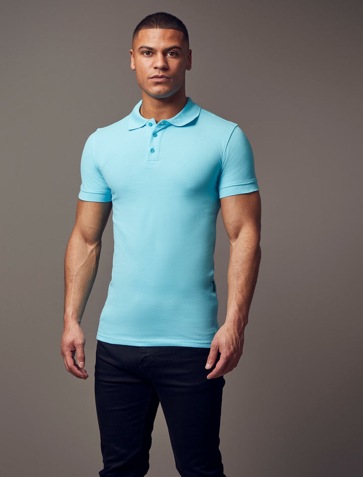 short sleeve turquoise tapered fit polo shirt by Tapered Menswear, showcasing the muscle fit design for a comfortable and stylish silhouette