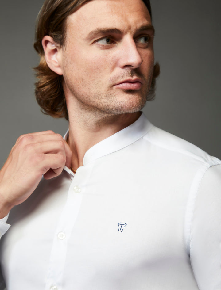 Modern muscle fit white shirt featuring a classic grandad collar