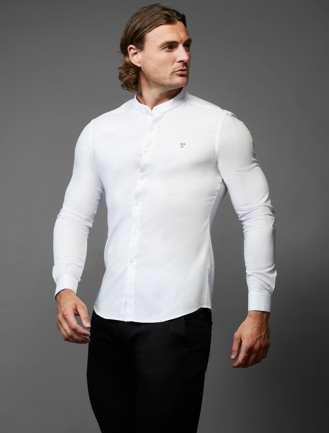 Tapered fit white shirt with grandad collar for muscular build