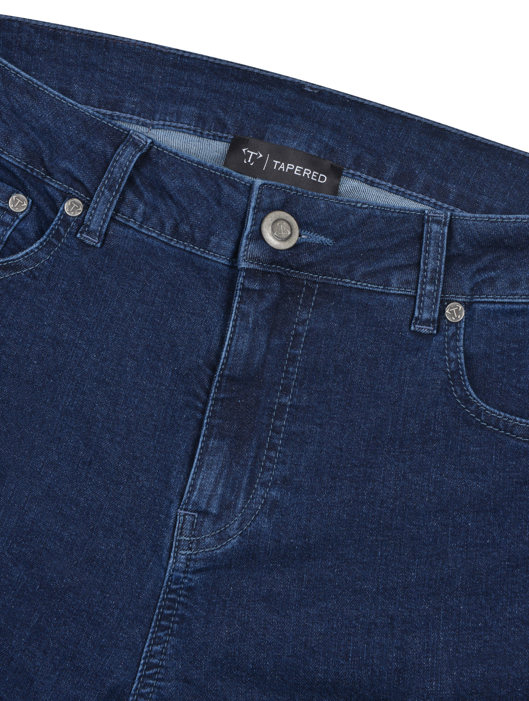 Mens Navy Blue Tapered Fit Jeans with Silver Buttons.