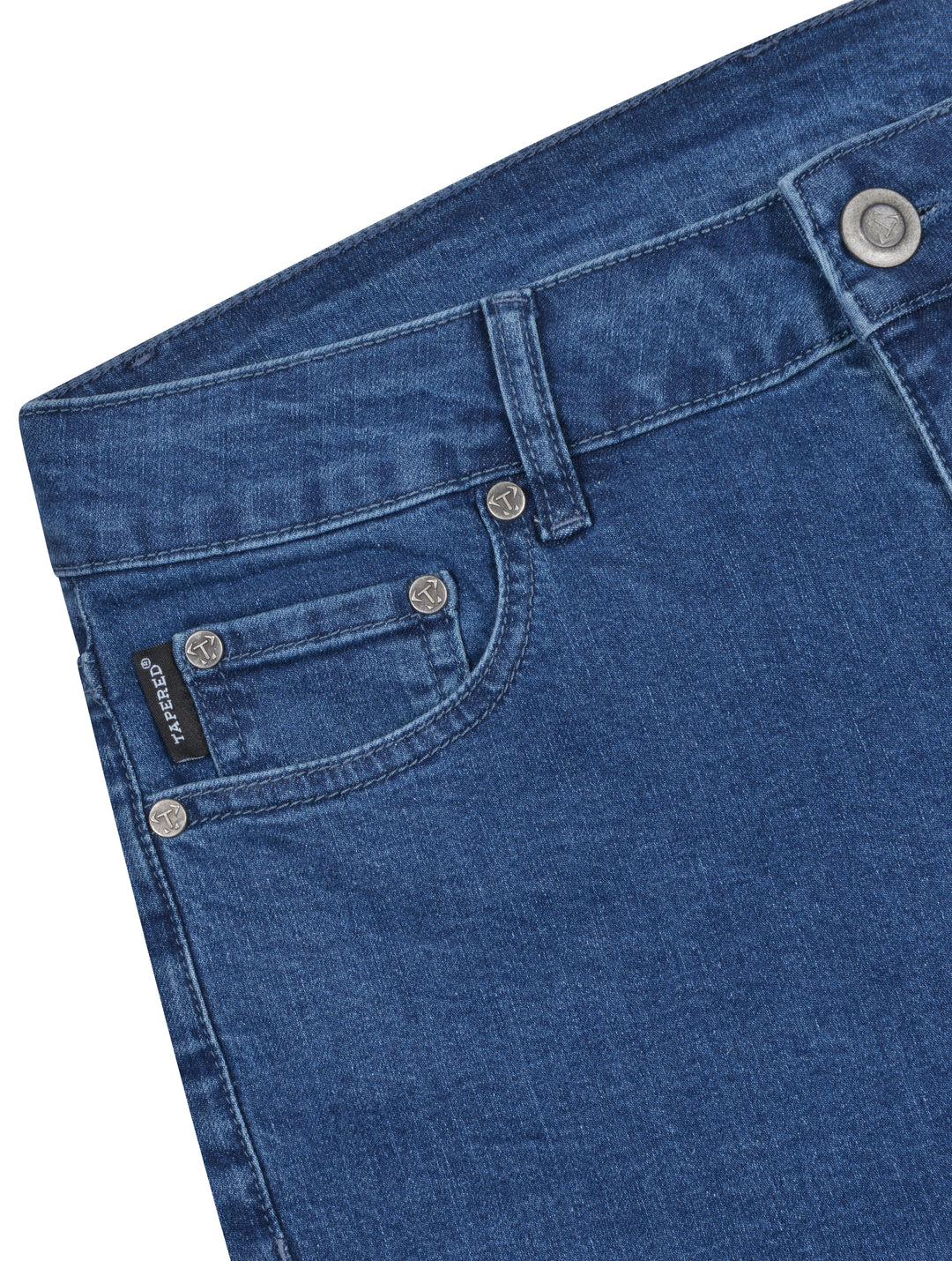Mens Mid Wash Blue Tapered Jeans Buttons. The best tapered jeans for muscular guys.