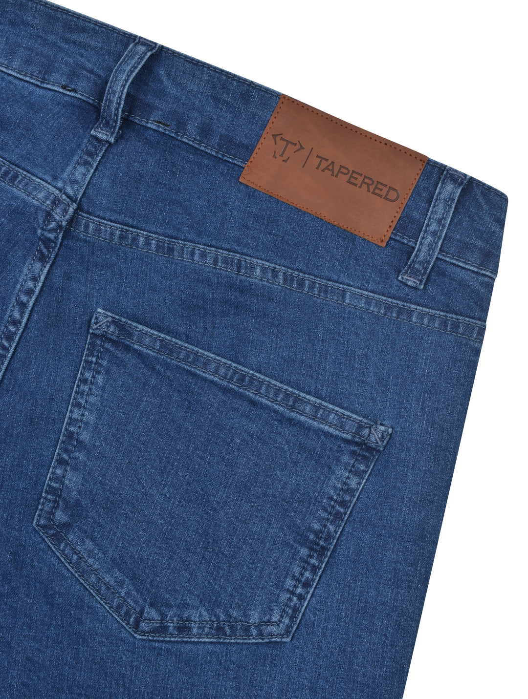 Mens Blue Tapered Jeans with Brown Leather Patch