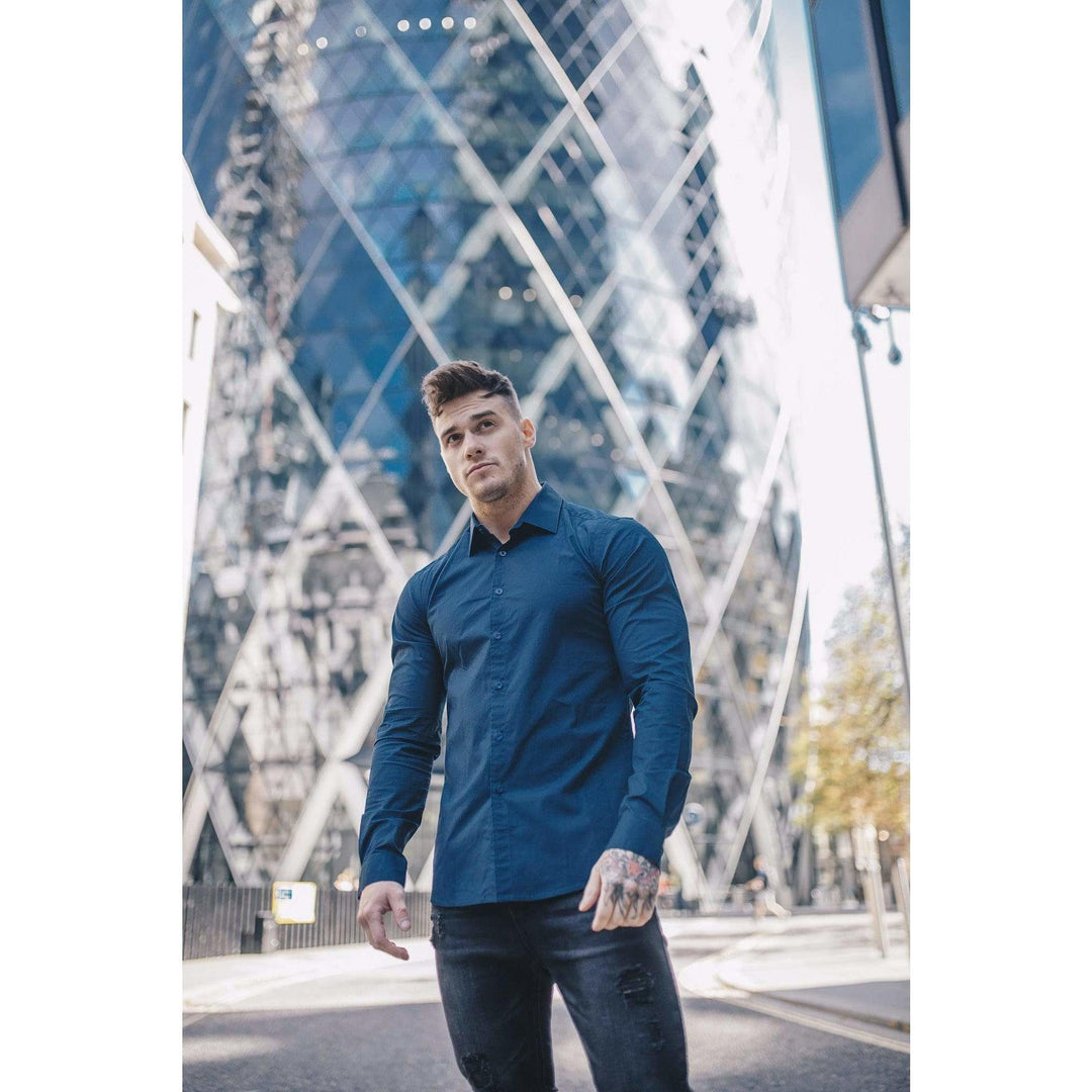 Owen Harrison Navy Blue Tapered Fit Shirt. A Proportionally Fitted and Comfortable Navy Muscle Fit Shirt. 
