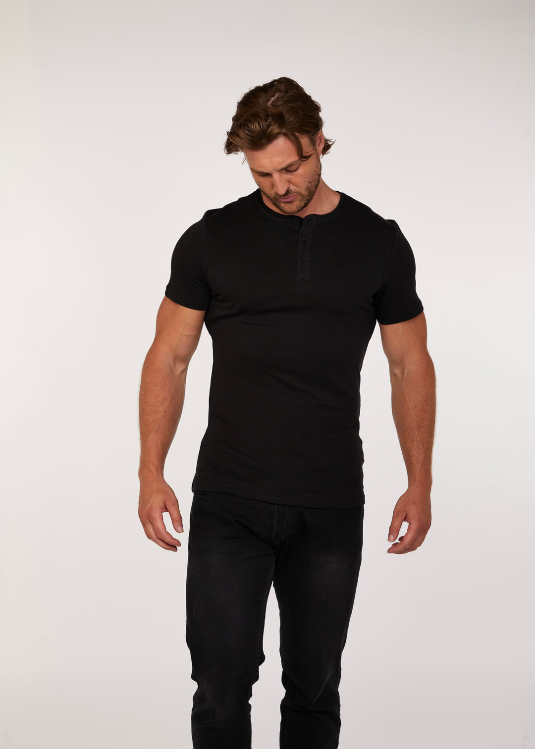 Mens Black Athletic Fit Henley in Short Sleeve. A Proportionally Fitted and Muscle Fit Henley. The best henley for muscular guys.