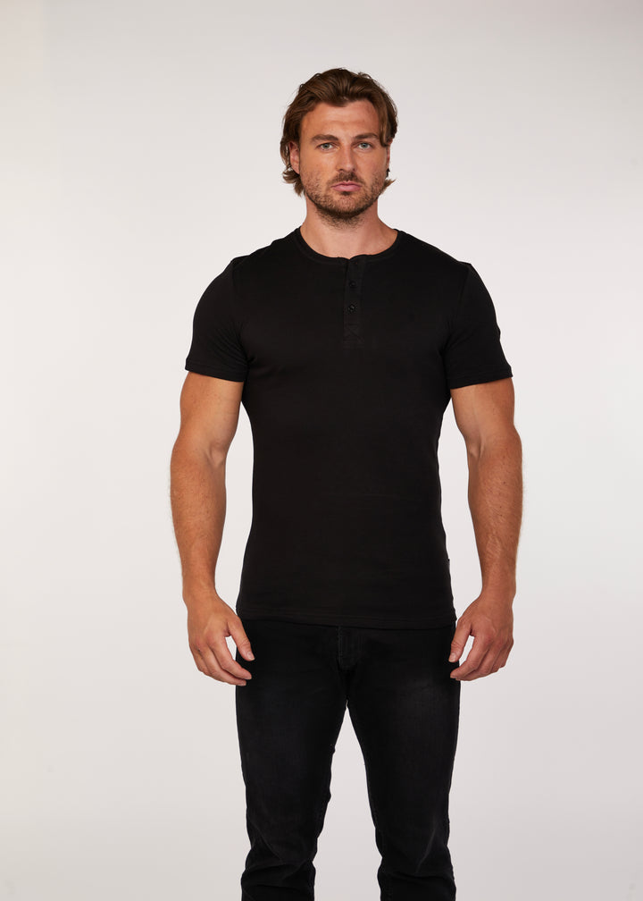 Mens Black Tapered Fit Henley in Short Sleeve. A Proportionally Fitted and Muscle Fit Henley. The best henley for muscular guys.