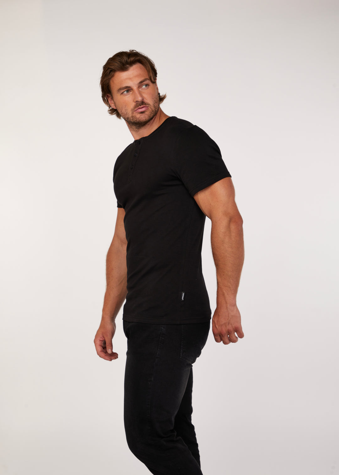 Mens Black Slim Fit Henley in Short Sleeve. A Proportionally Fitted and Slim Fit Henley. The best henley for slim guys.