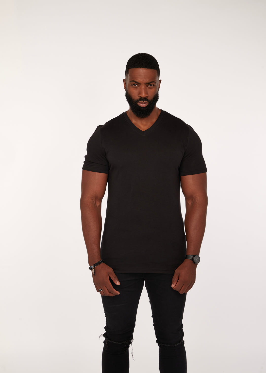Mens Black Tapered Fit V-Neck T-Shirt in Short Sleeve. A Proportionally Fitted and Muscle Fit V Neck. The best v neck t-shirt for muscular guys.