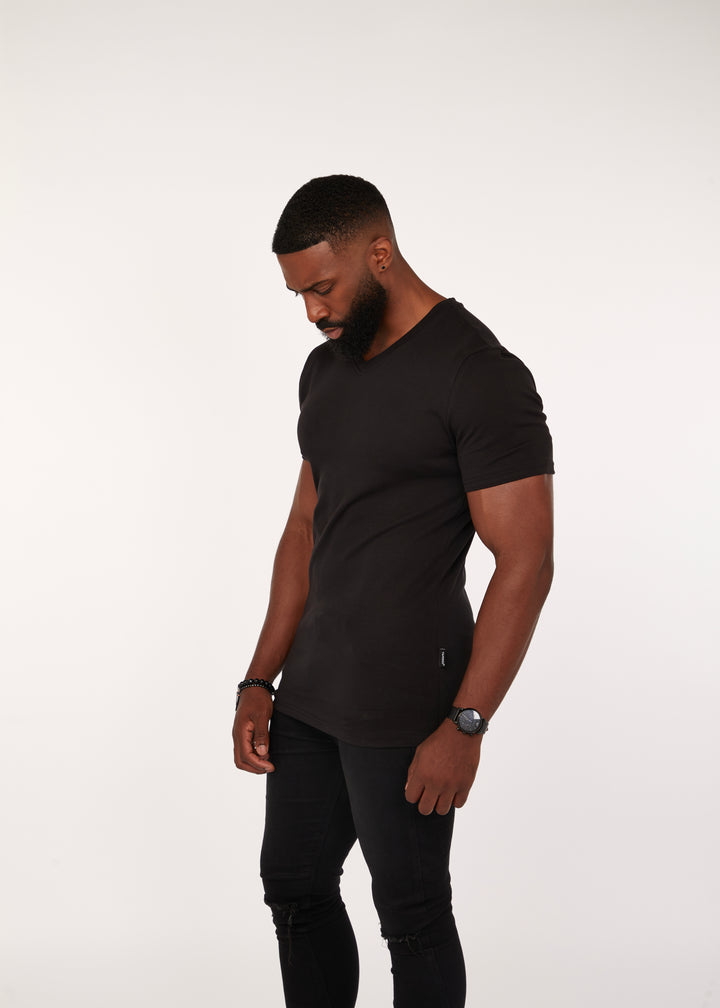 Black Muscle Fit V-Neck. A Proportionally Fitted and Tapered Fit V Neck. The best v neck t-shirt for muscular guys.