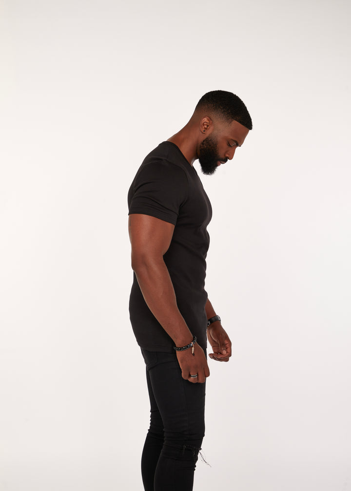 Mens Black Athletic Fit V-Neck. A Proportionally Fitted and Muscle Fit V Neck. The best v neck t-shirt for muscular guys.