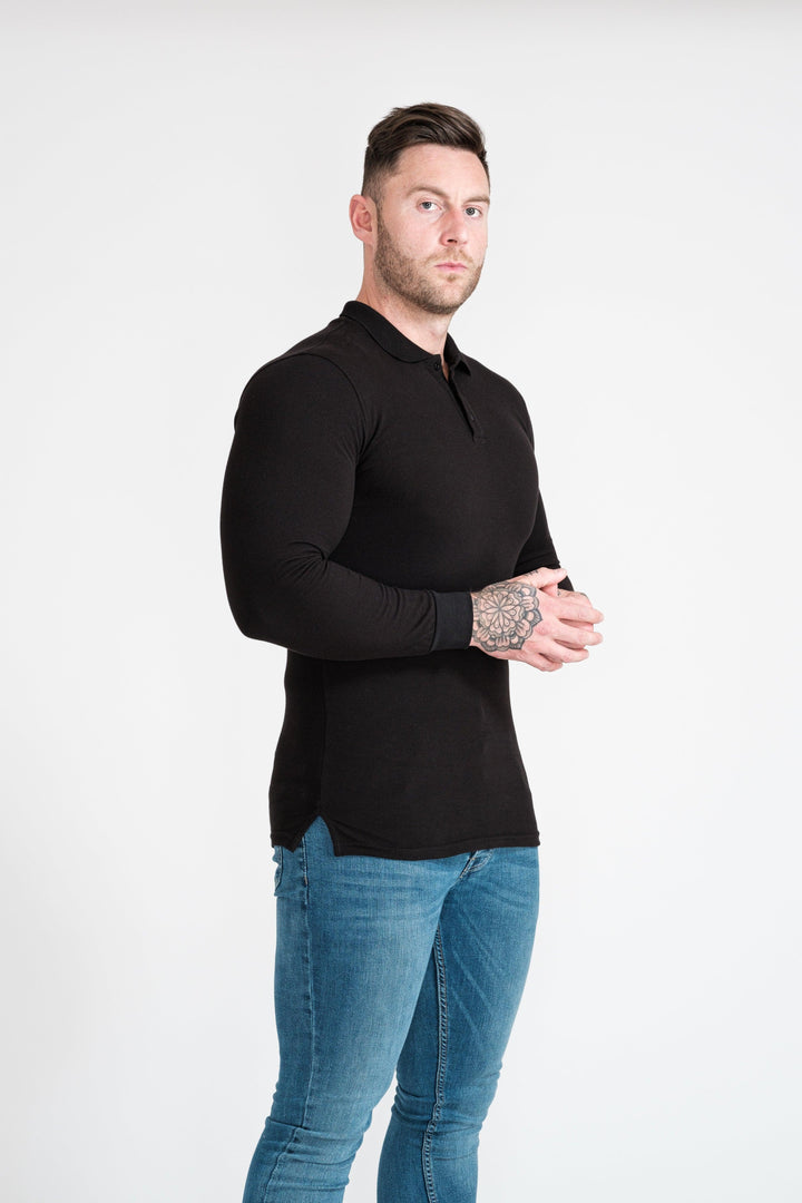 Mens Black Muscle Fit Polo Shirt. A Proportionally Fitted and Tight Polo Shirt. Ideal for bodybuilders.