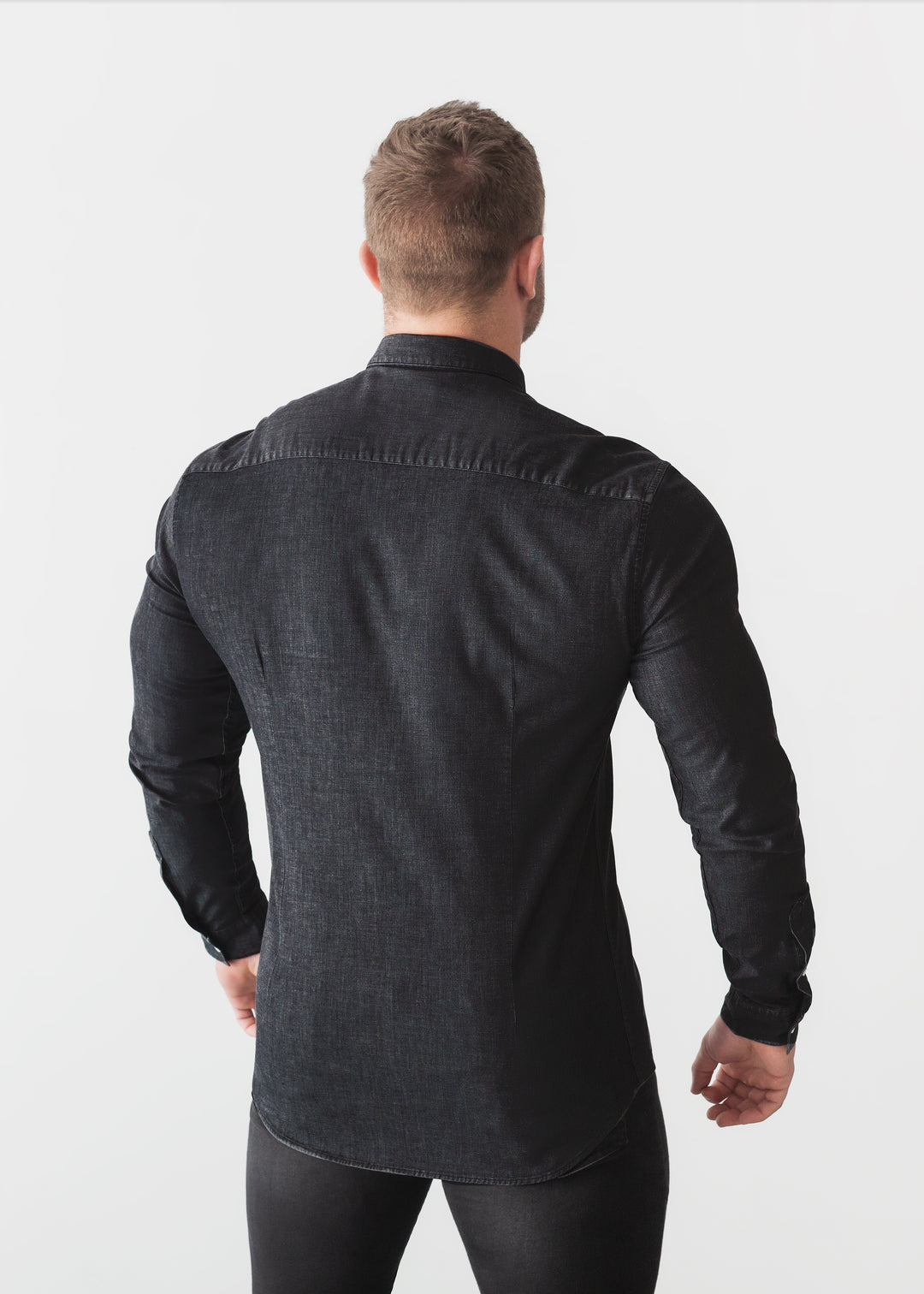 Black Denim Tapered Fit Shirt Back. A Proportionally Fitted and Comfortable Muscle Fit Shirt. Ideal for bodybuilders.