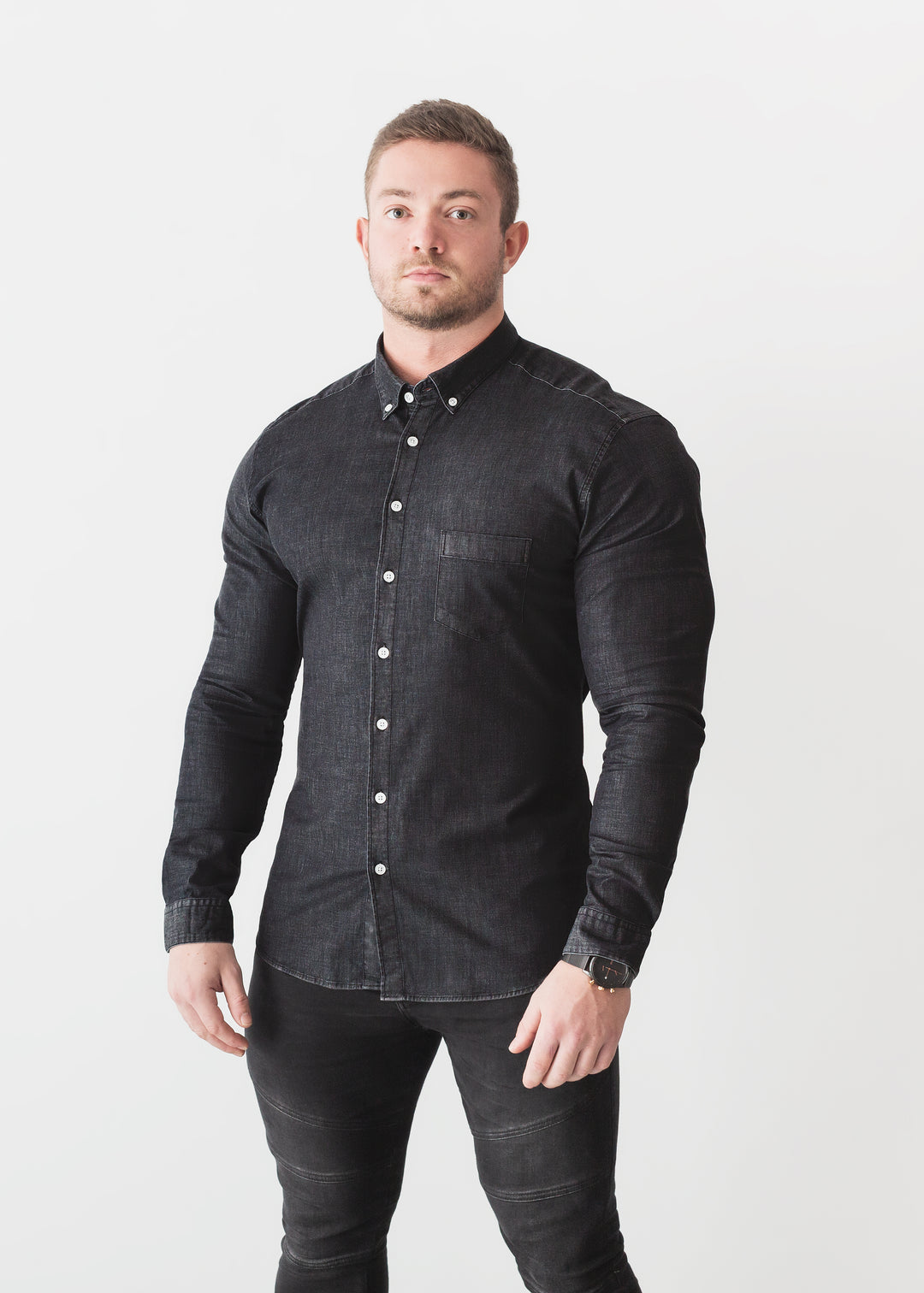 Black Denim Tapered Fit Shirt For Men. A Proportionally Fitted and Denim Muscle Fit Shirt. Best Shirts For a Muscular Build