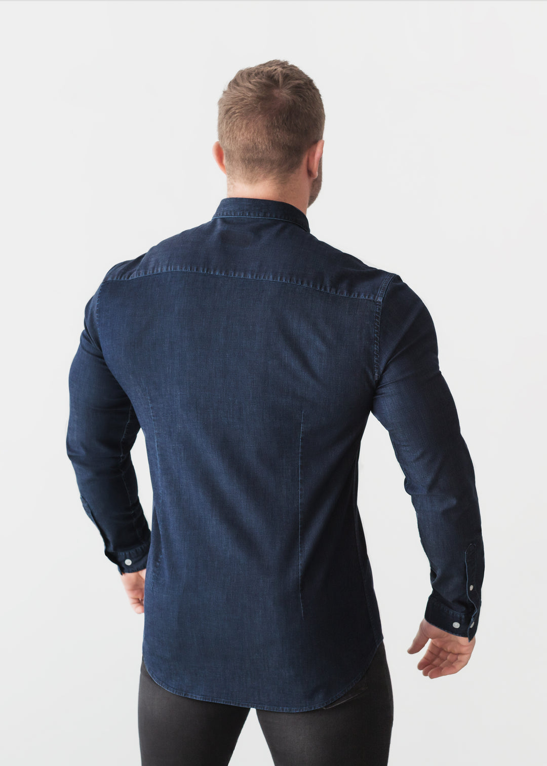 Dark Blue Denim Tapered Fit Shirt. A Proportionally Fitted and Comfortable Muscle Fit Shirt. Ideal for bodybuilders