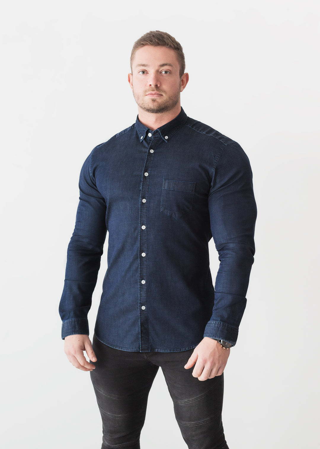 Navy Blue Denim Tapered Fit Shirt. A Proportionally Fitted and Jean Muscle Fit Shirt. The Best Shirts For a Muscular Build.