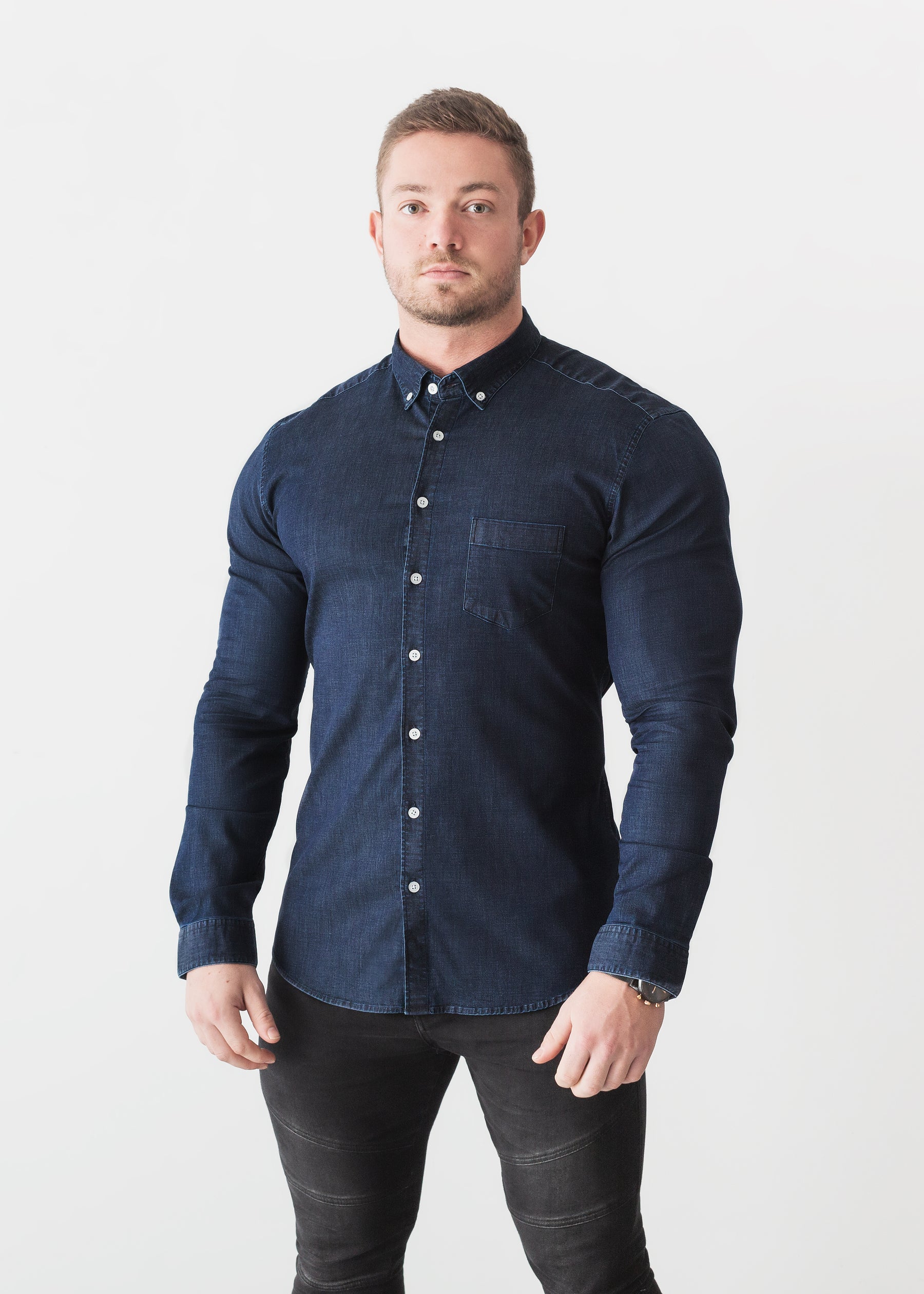 Navy Denim Tapered Fit Shirt - Buy Muscle Fit Denim Shirt | Tapered ...
