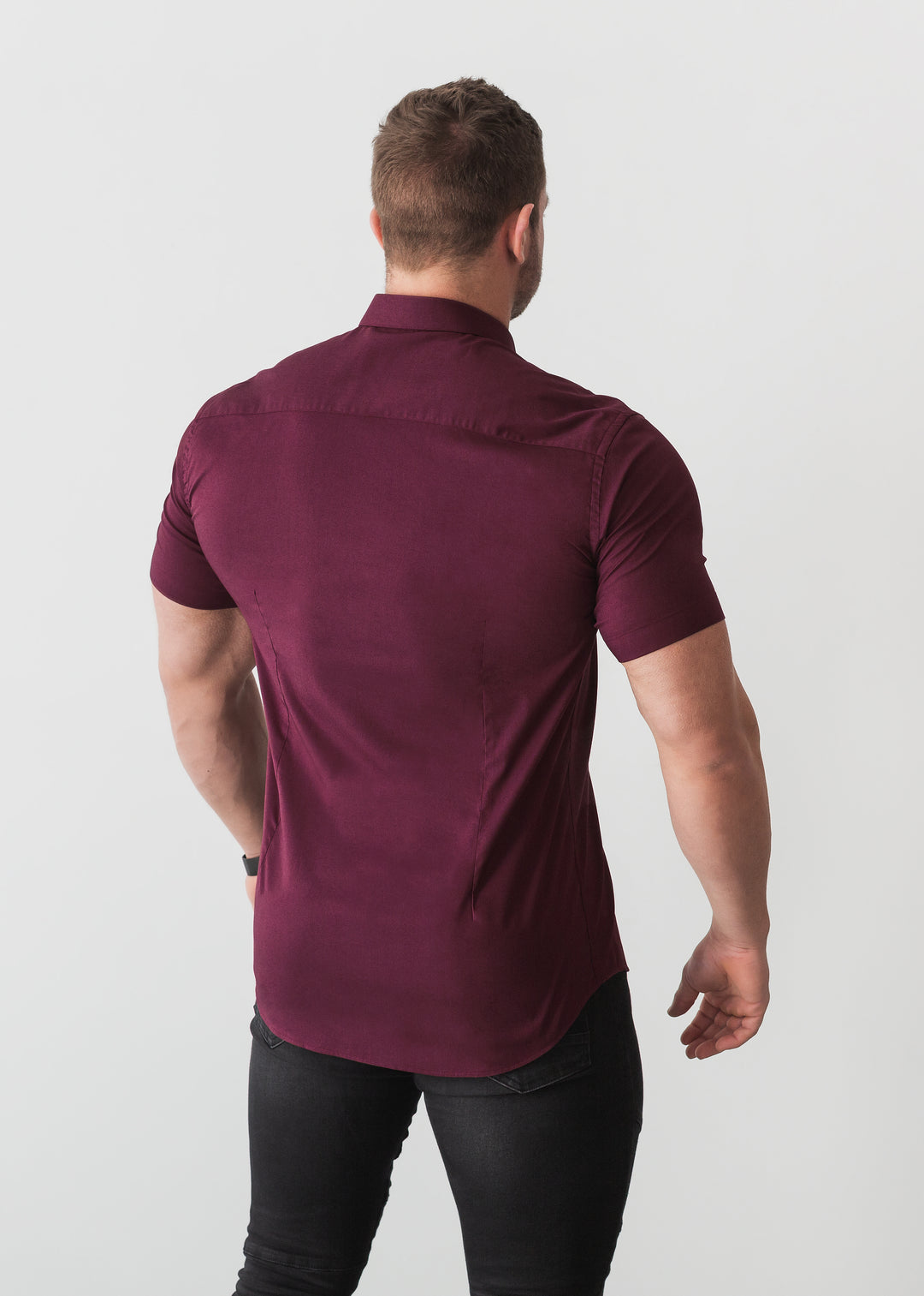 Burgundy Short Sleeve Tapered Fit Shirt For Men. A Proportionally Fitted and Comfortable Burgundy Short Sleeve Muscle Fit Shirt. The Best Shirts For a Muscular Build.