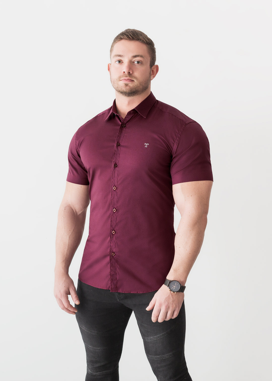 Burgundy Short Sleeve Tapered Fit Shirt - Muscle Fit Short Sleeve