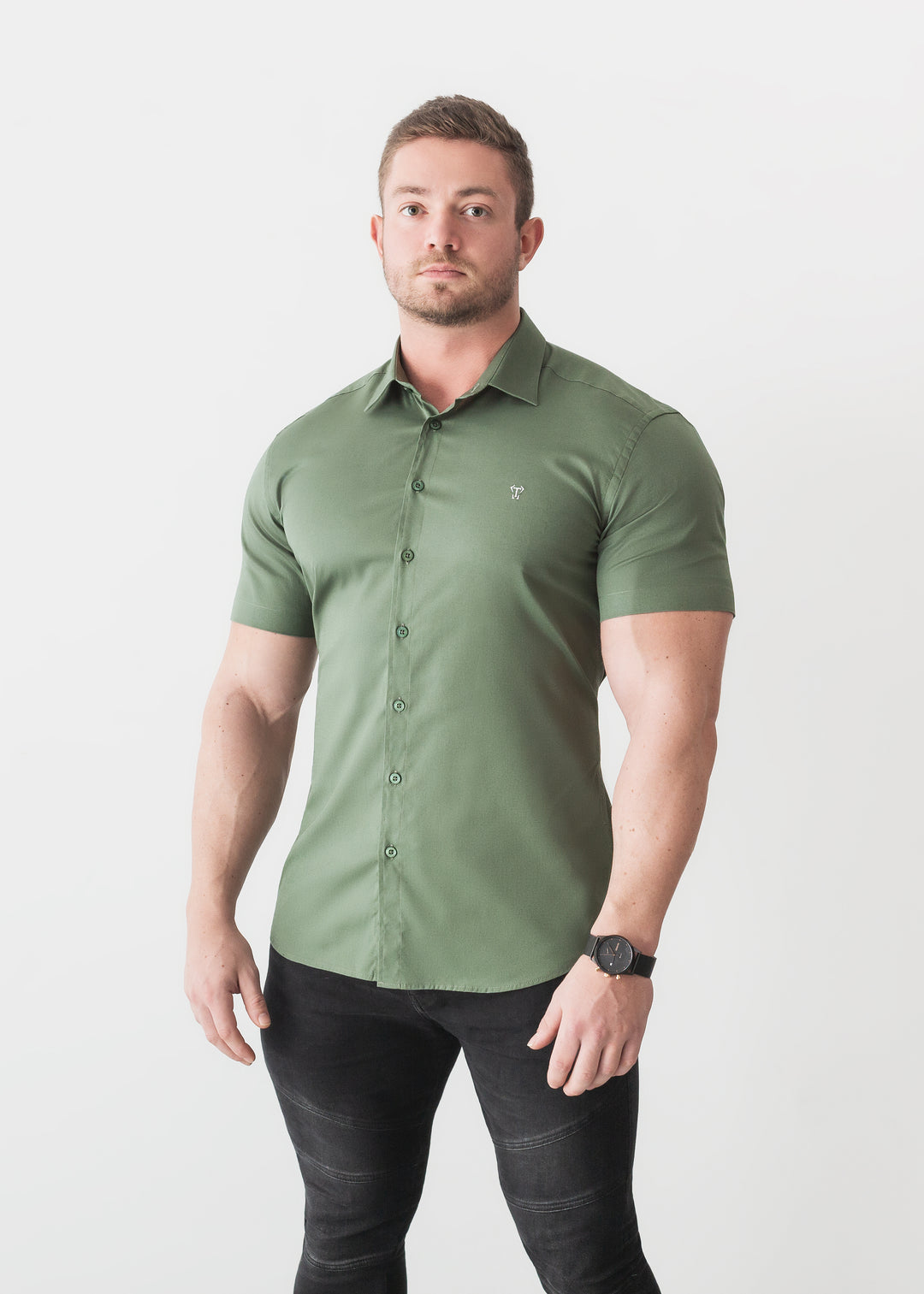 Olive shirt with a tapered fit from Tapered Menswear, highlighting the muscle-fit design for a flattering and defined look.