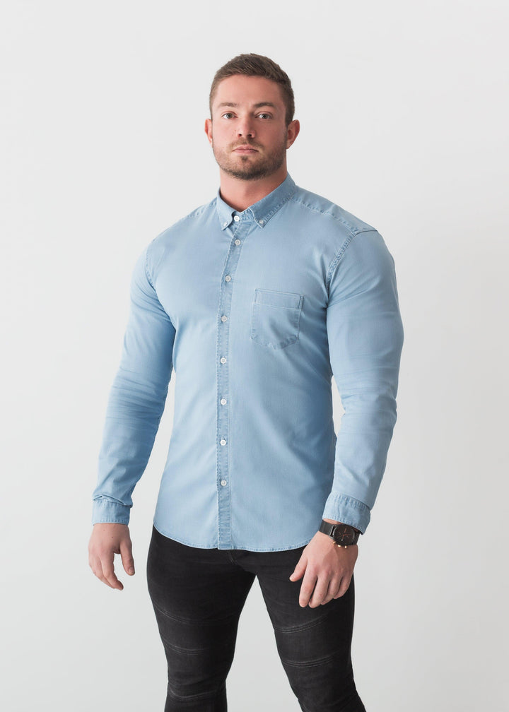 Light Blue Denim Tapered Fit Shirt. A Proportionally Fitted and Jean Muscle Fit Shirt. The Best Shirts For a Muscular Build