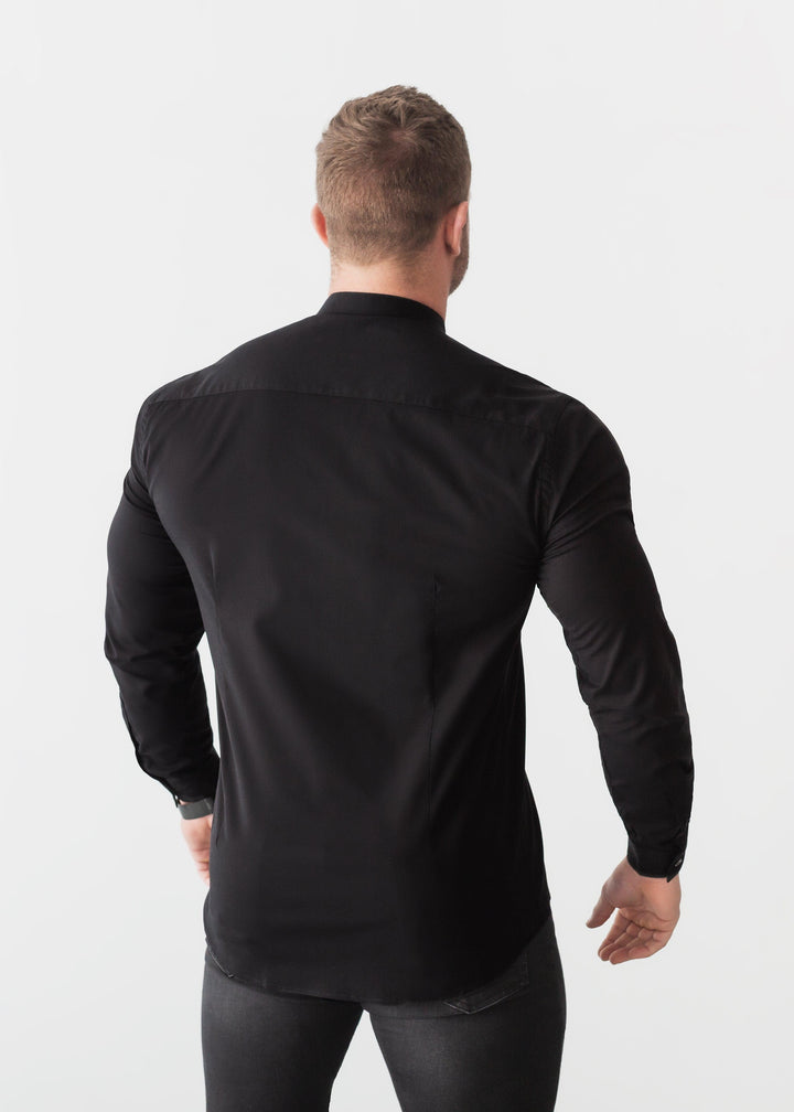 Grandad Collar Black Tapered Fit Shirt Back. A Proportionally Fitted and Comfortable Muscle Fit Shirt. Ideal for bodybuilders