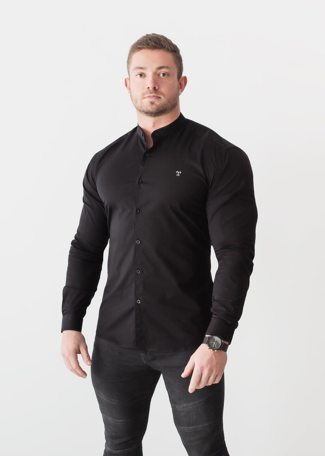 Grandad Collar Black Tapered Fit Shirt. A Proportionally Fitted and Comfortable Muscle Fit Shirt. The Best Shirts For a Muscular Build