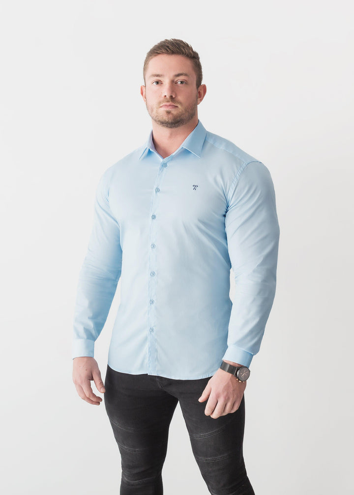 Light Blue Tapered Fit Shirt. A Proportionally Fitted and Comfortable Muscle Fit Shirt. The Best Shirts For a Muscular Build