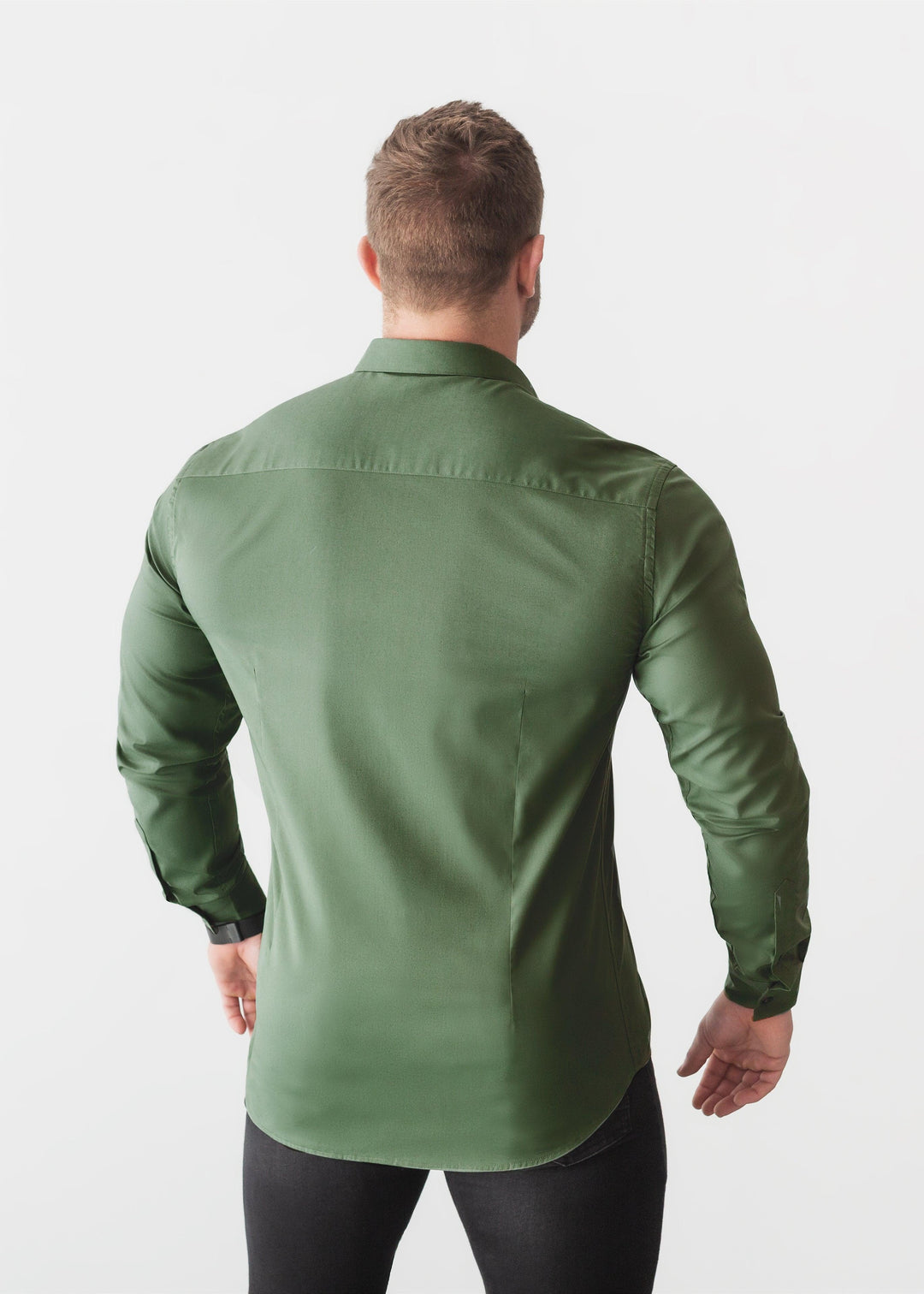 Olive Green Tapered Fit Shirt For Men Back. A Proportionally Fitted and Olive Muscle Fit Shirt. Ideal for bodybuilders.