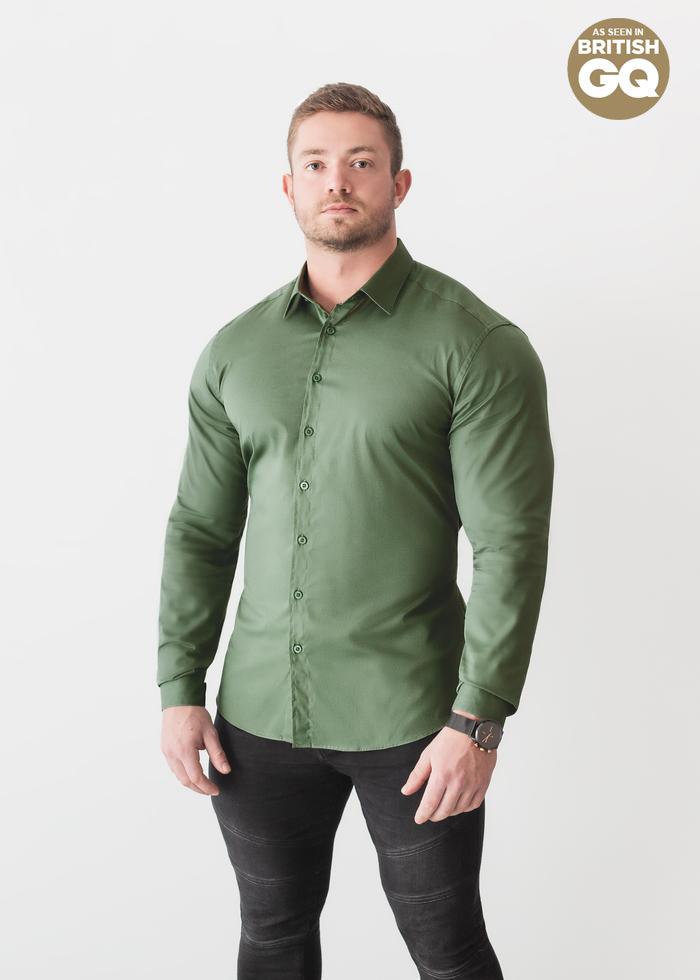 Olive Green Tapered Fit Shirt For Men. A Proportionally Fitted and Olive Muscle Fit Shirt. The Best Shirts For a Muscular Build.