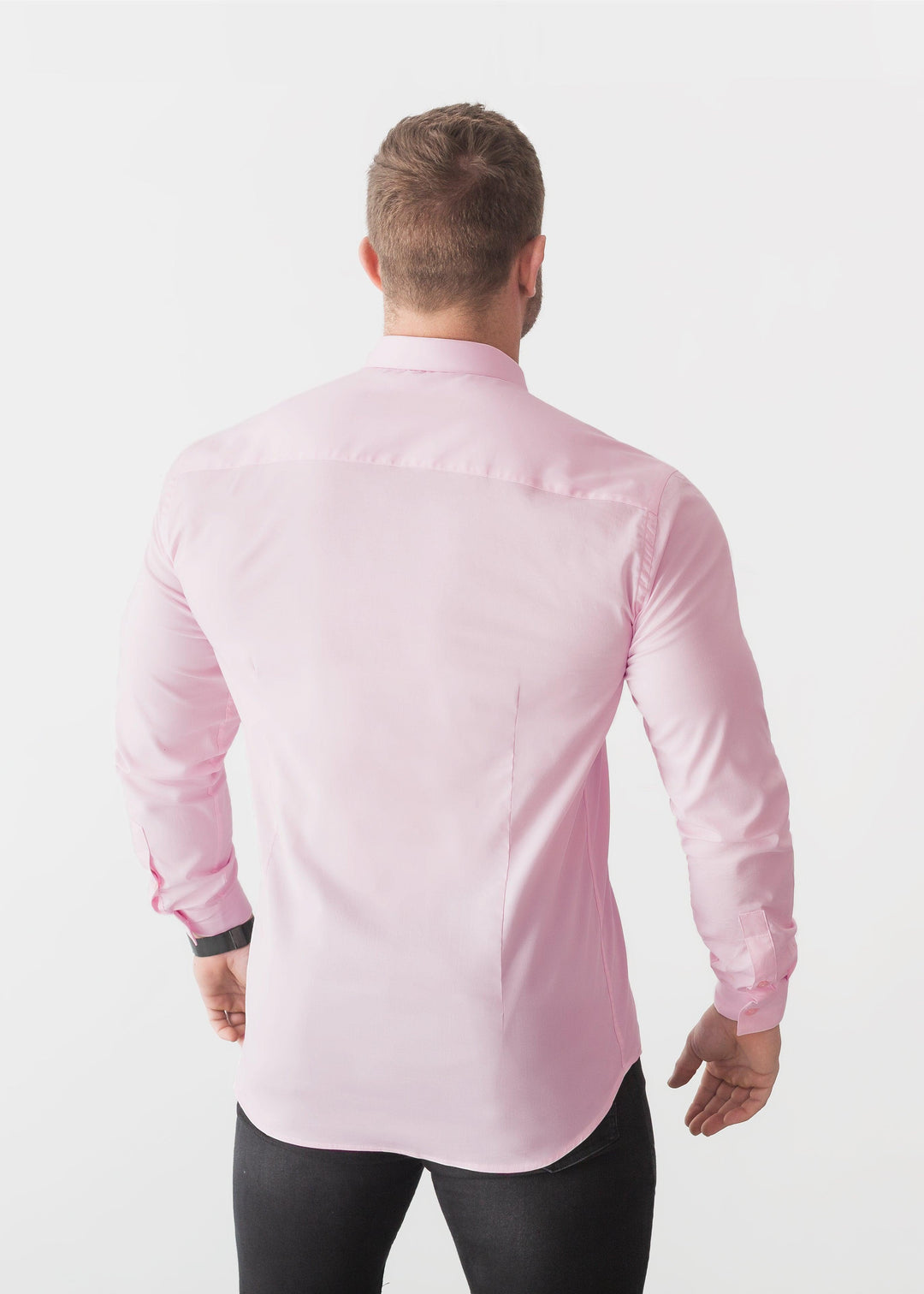 Pink Tapered Fit Shirt For Men Back. A Proportionally Fitted and Pink Muscle Fit Shirt. Ideal for bodybuilders.