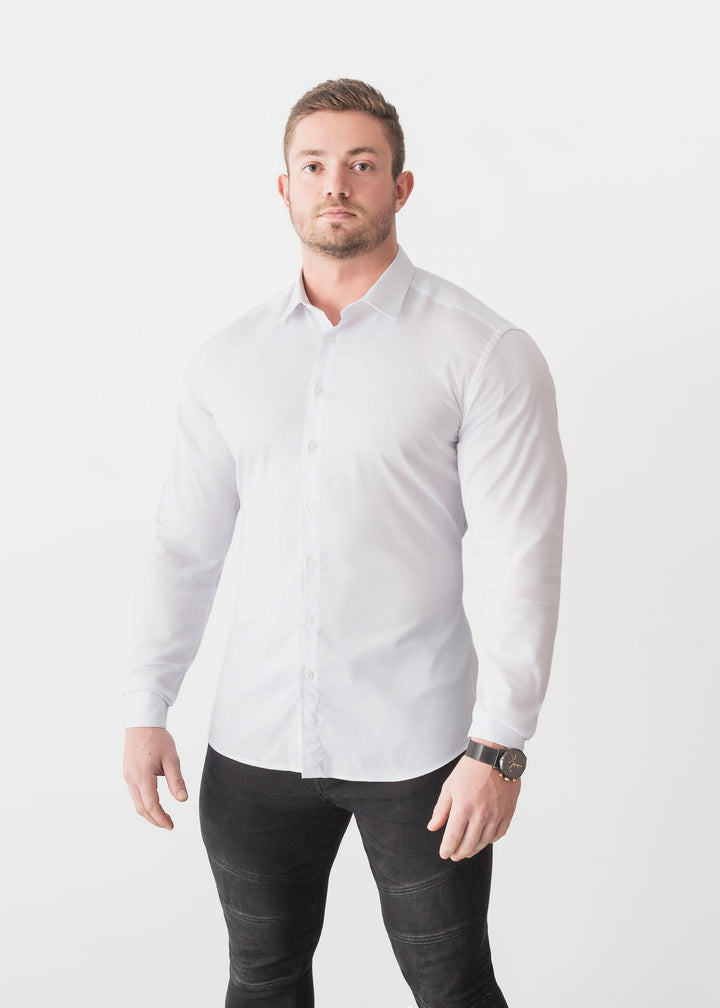 White Tapered Fit Shirt For Men. A Proportionally Fitted and white Muscle Fit Shirt. The Best Shirts For a Muscular Build.