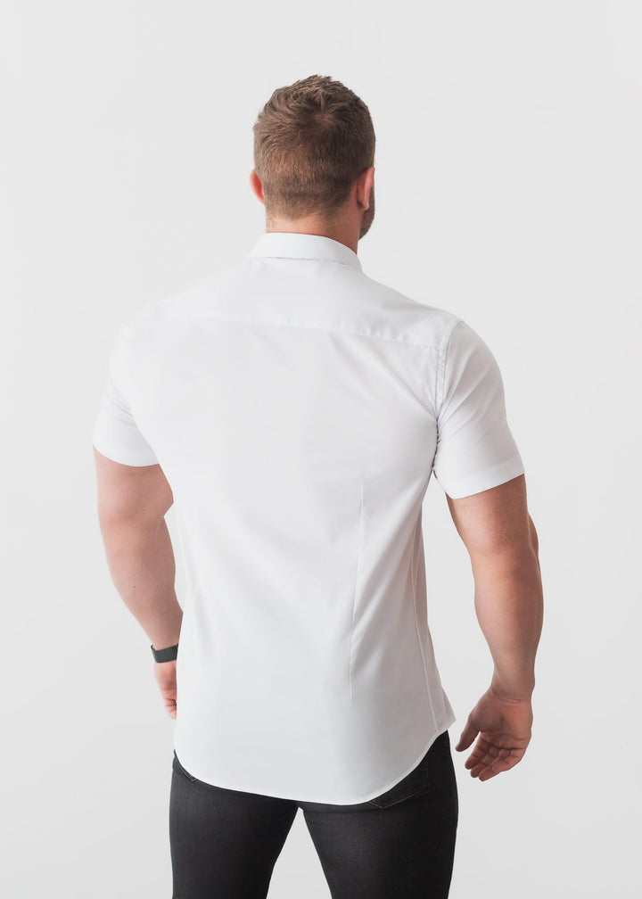 White Short Sleeve Tapered Fit Shirt Back. A Proportionally Fitted and Comfortable Short Sleeve Muscle Fit Shirt. 