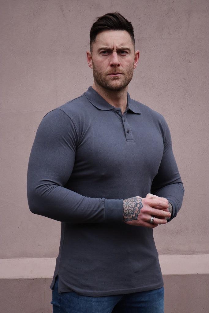 Dark grey long sleeve muscle fit polo shirt