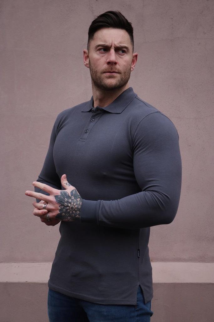 Dark grey long sleeve muscle fit polo by Tapered