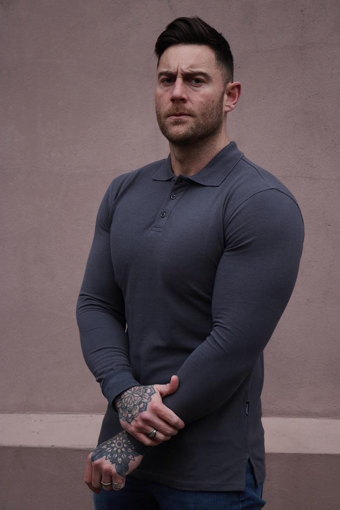 Dark grey long sleeve muscle fit polo by tapered menswear