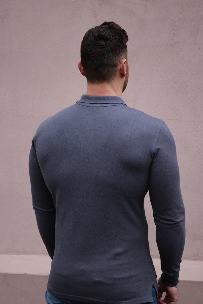 Dark grey long sleeve muscle fit polo shirt back