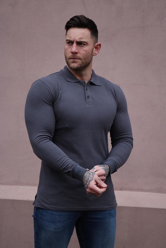 Dark grey long sleeve muscle fit polo